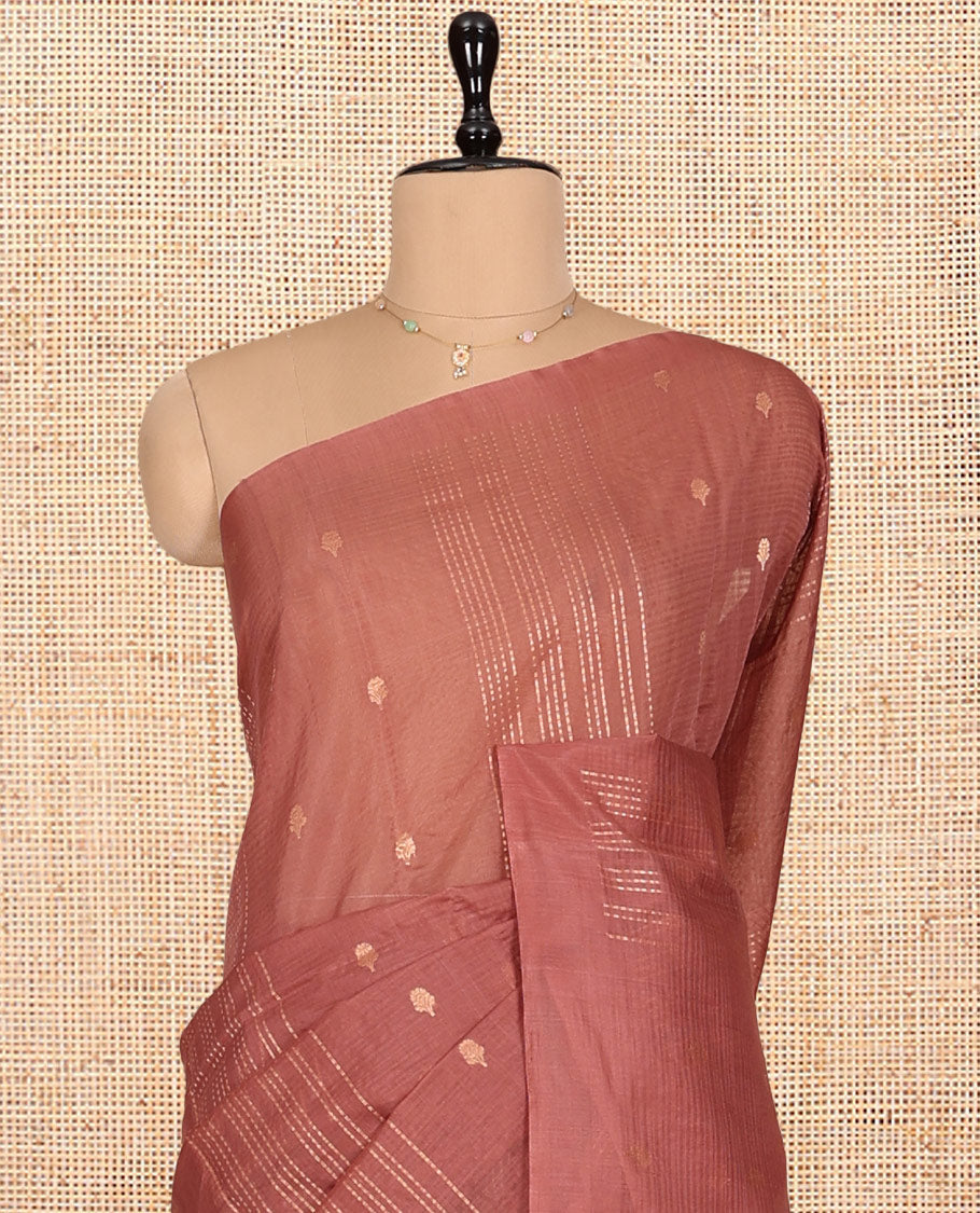 Borderless Rosewood Pink Silk Cotton Saree, Ornamented with Zari Buttas and Stripes, Grand Pallu, and a Matching Blouse