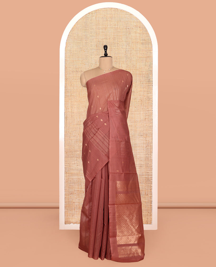 Borderless Rosewood Pink Silk Cotton Saree, Ornamented with Zari Buttas and Stripes, Grand Pallu, and a Matching Blouse