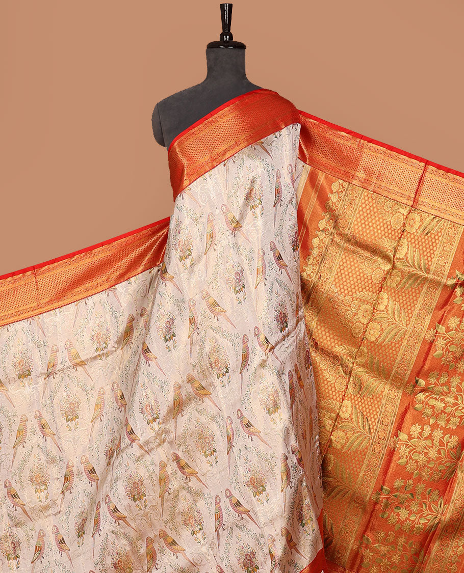 Cream-base flora-fauna Meenakari-jacquard silk saree, contrast border of thilakam,muthu,kathir,diamond & ara madaam design & meenakari floral design pallu