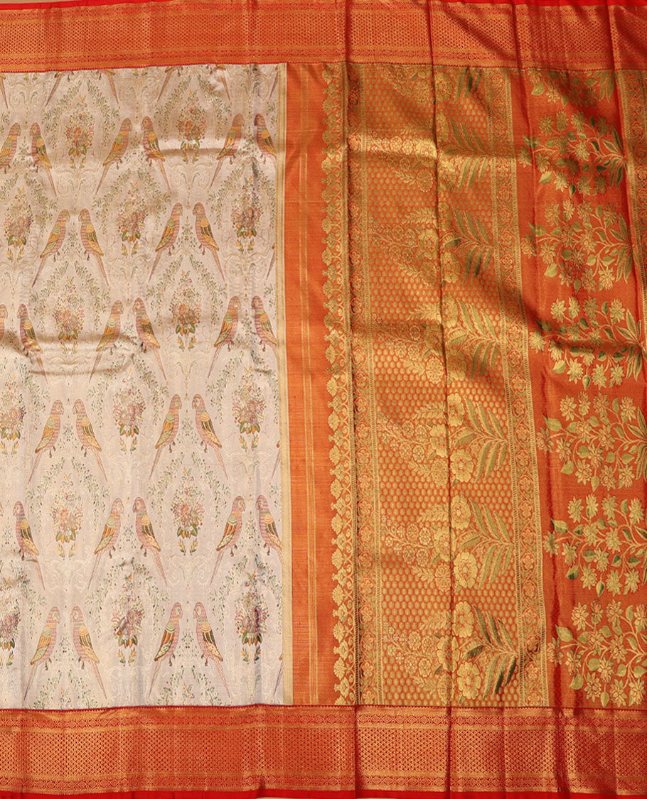 Cream-base flora-fauna Meenakari-jacquard silk saree, contrast border of thilakam,muthu,kathir,diamond & ara madaam design & meenakari floral design pallu