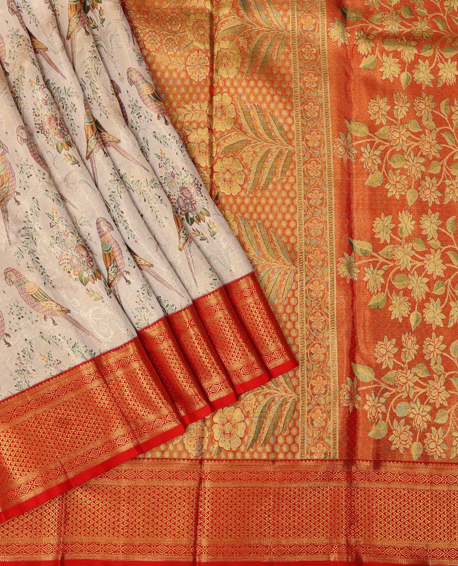 Cream-base flora-fauna Meenakari-jacquard silk saree, contrast border of thilakam,muthu,kathir,diamond & ara madaam design & meenakari floral design pallu