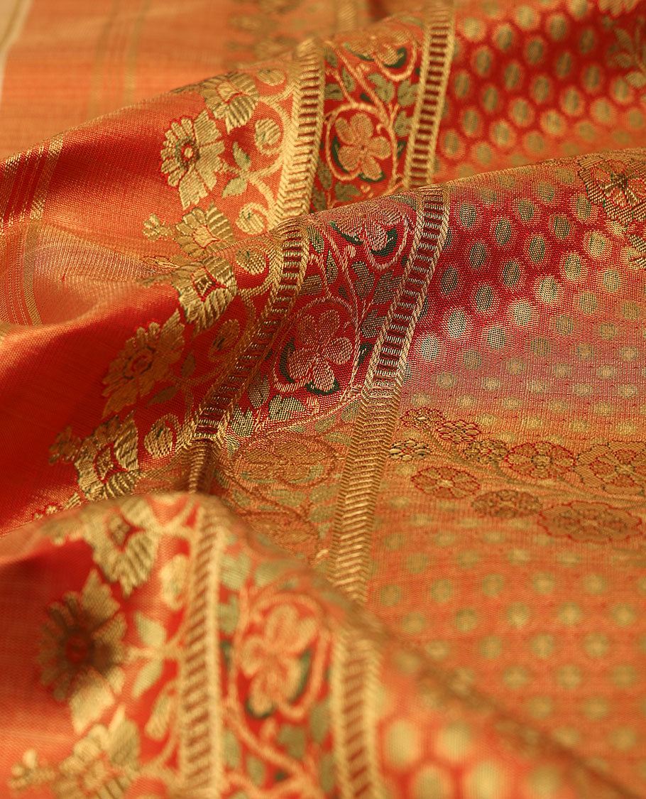 Cream-base flora-fauna Meenakari-jacquard silk saree, contrast border of thilakam,muthu,kathir,diamond & ara madaam design & meenakari floral design pallu