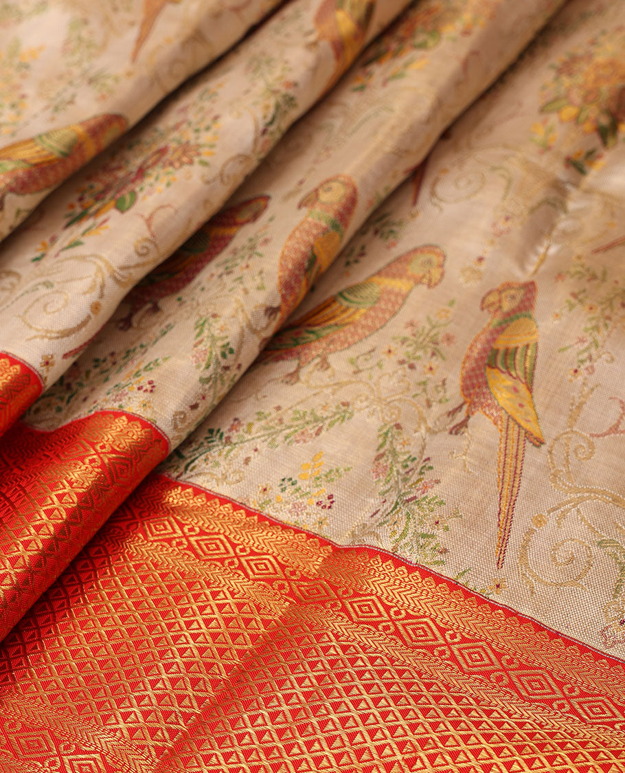 Cream-base flora-fauna Meenakari-jacquard silk saree, contrast border of thilakam,muthu,kathir,diamond & ara madaam design & meenakari floral design pallu