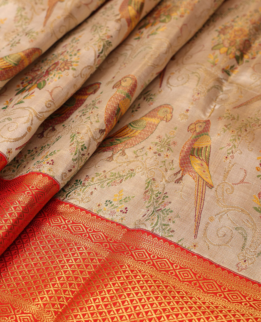 Cream-base flora-fauna Meenakari-jacquard silk saree, contrast border of thilakam,muthu,kathir,diamond & ara madaam design & meenakari floral design pallu
