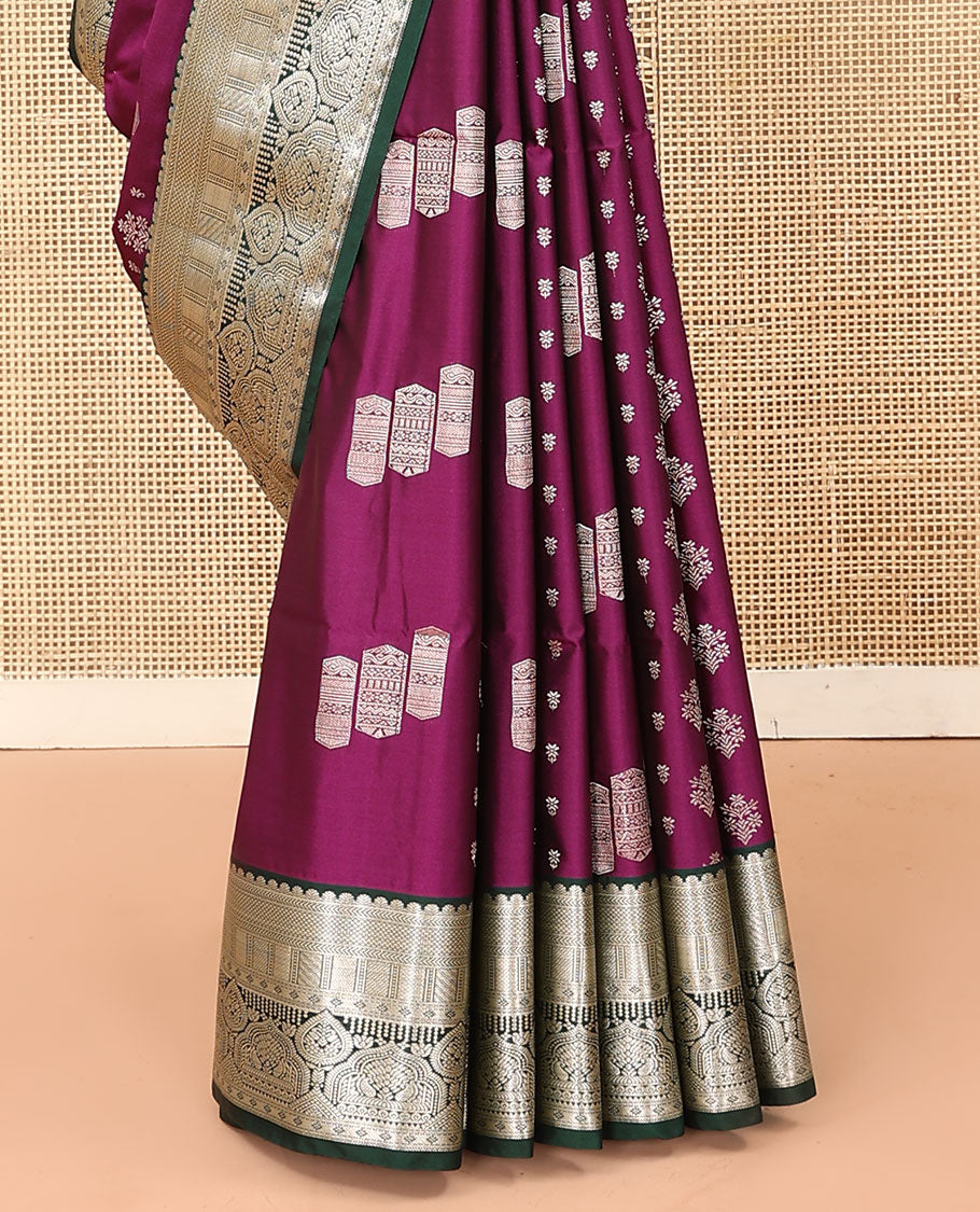 Purple geometric buttas soft silk saree, contrast traditional zari design border, and pallu of chevron designs