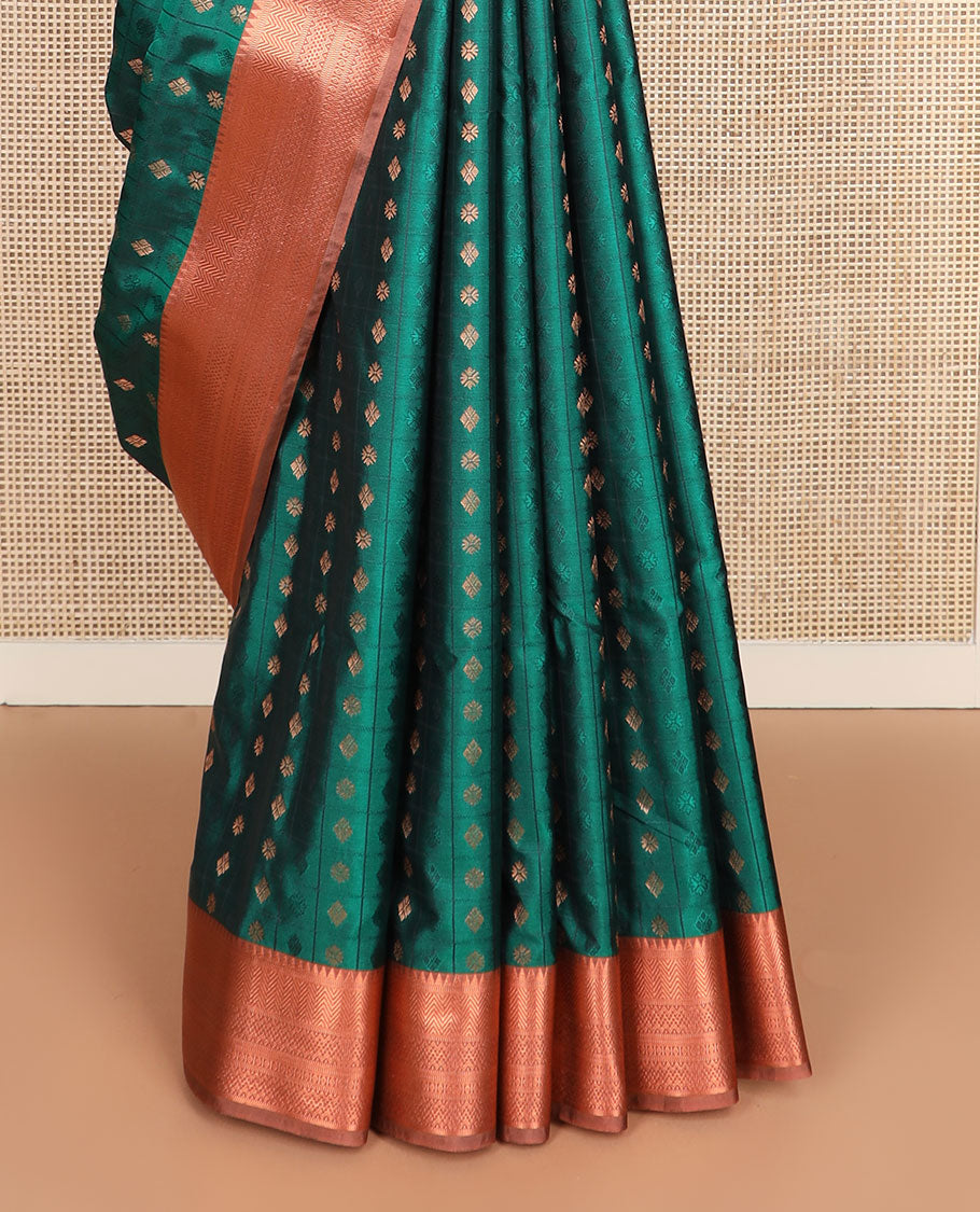 Green butta enclosed embossed checked soft silk saree, contrast traditional zari border, and jaal pallu