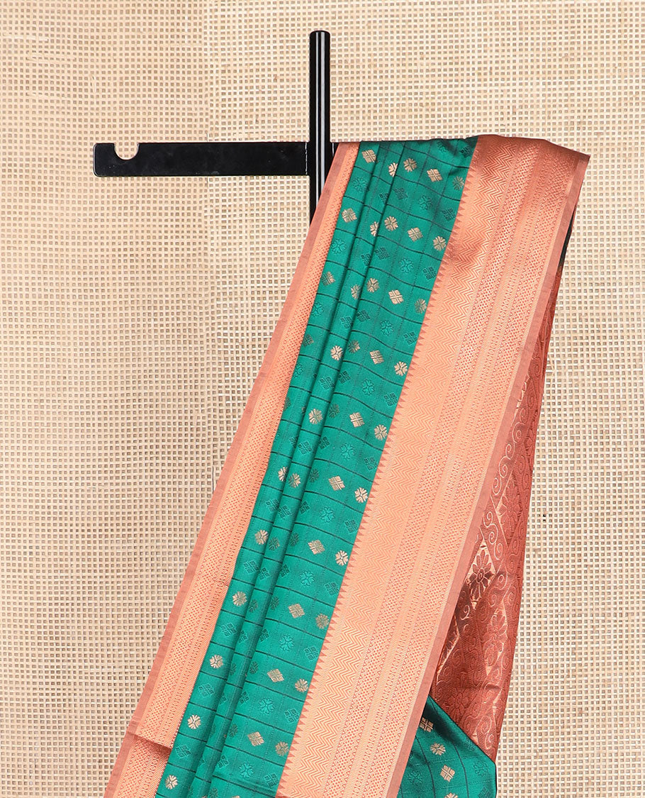 Green butta enclosed embossed checked soft silk saree, contrast traditional zari border, and jaal pallu