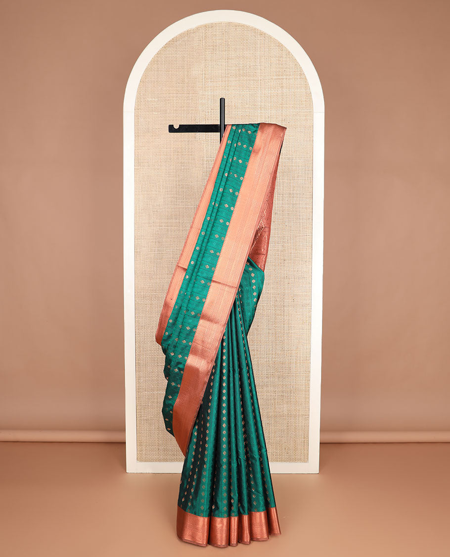Green butta enclosed embossed checked soft silk saree, contrast traditional zari border, and jaal pallu
