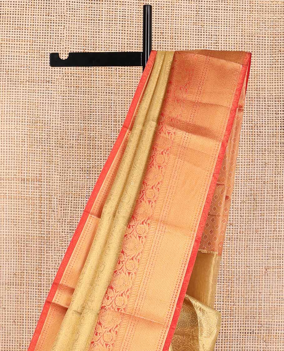 Light brown floral jacquard tissue saree with contrast zari design border & floral zari design pallu