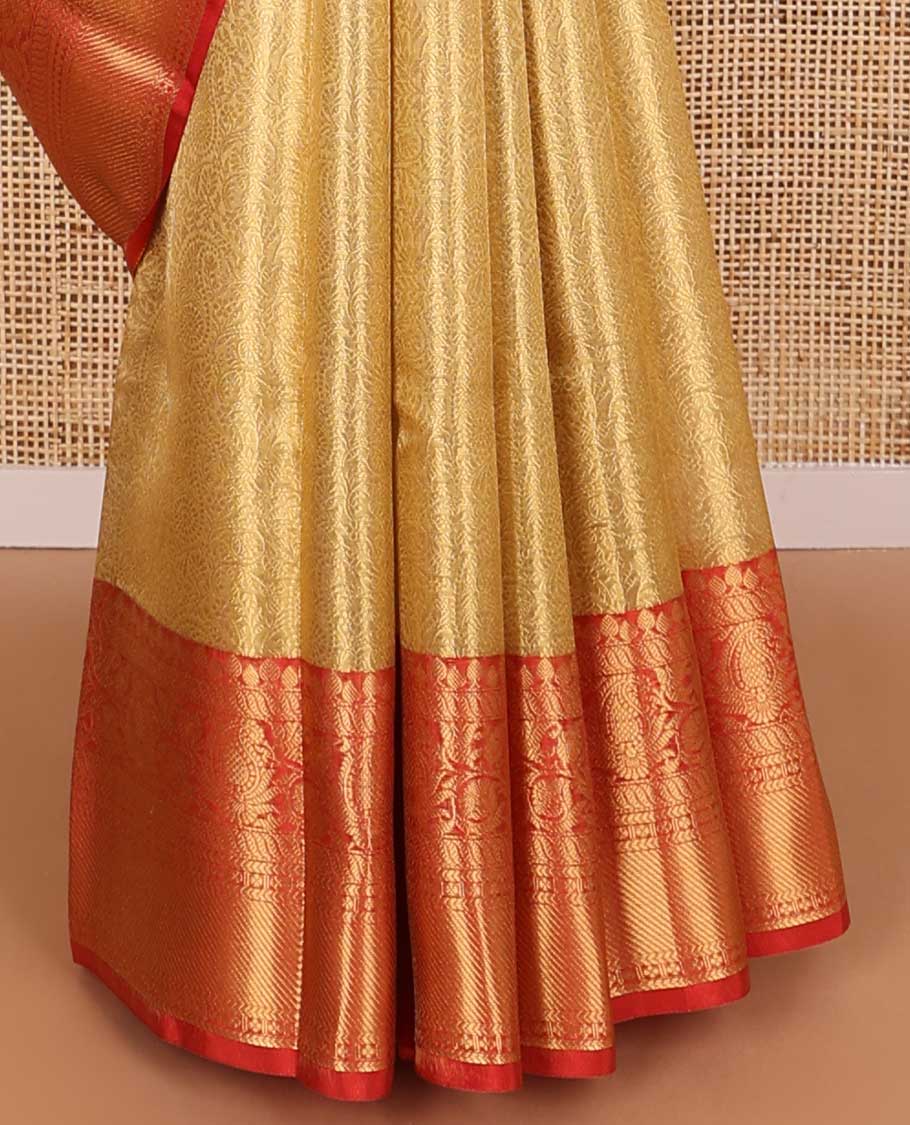 Light brown floral jacquard tissue saree with contrast zari design border & floral zari design pallu