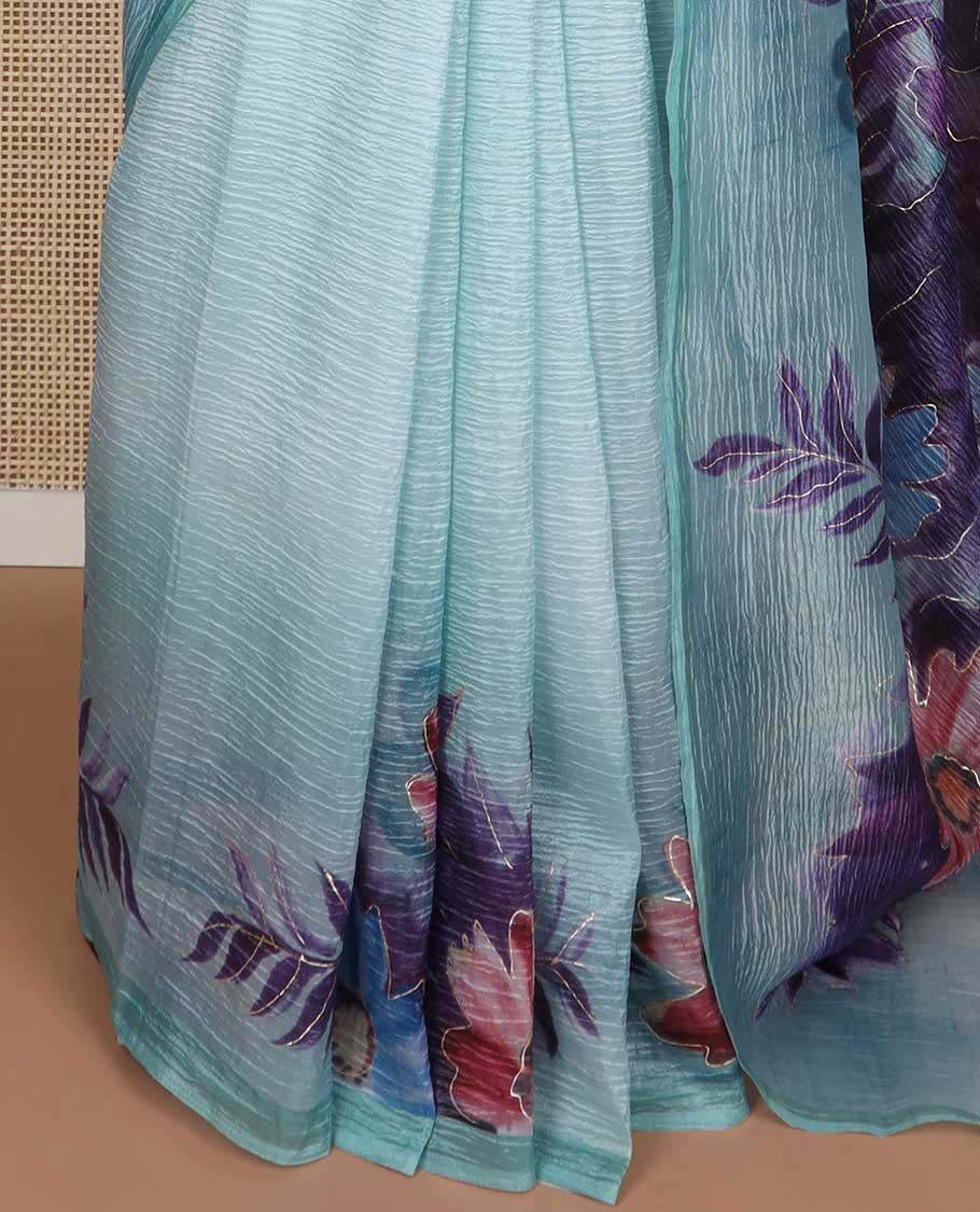 Sea blue floral design crush tissue saree with self border
