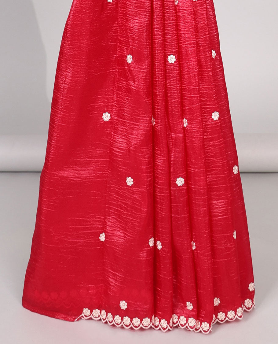 Pink Crushed Tissue saree with scallop motif border and intricate motif embroidery pallu