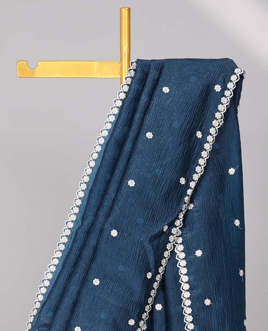 Red crushed tissue saree with all-over floral motifs embroidered & floral scallop border