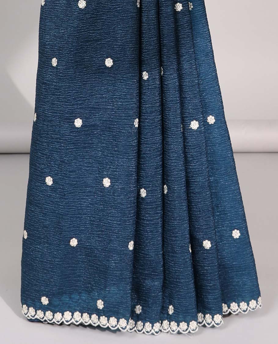 Red crushed tissue saree with all-over floral motifs embroidered & floral scallop border