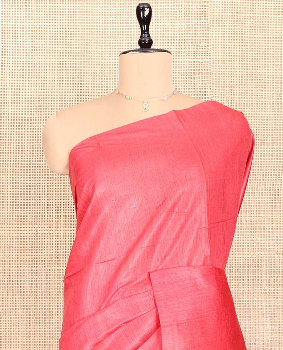 Borderless Pink Plain Tussar Silk Saree, Complemented by Contrast Heathered Pallu, and a Contrast Blouse