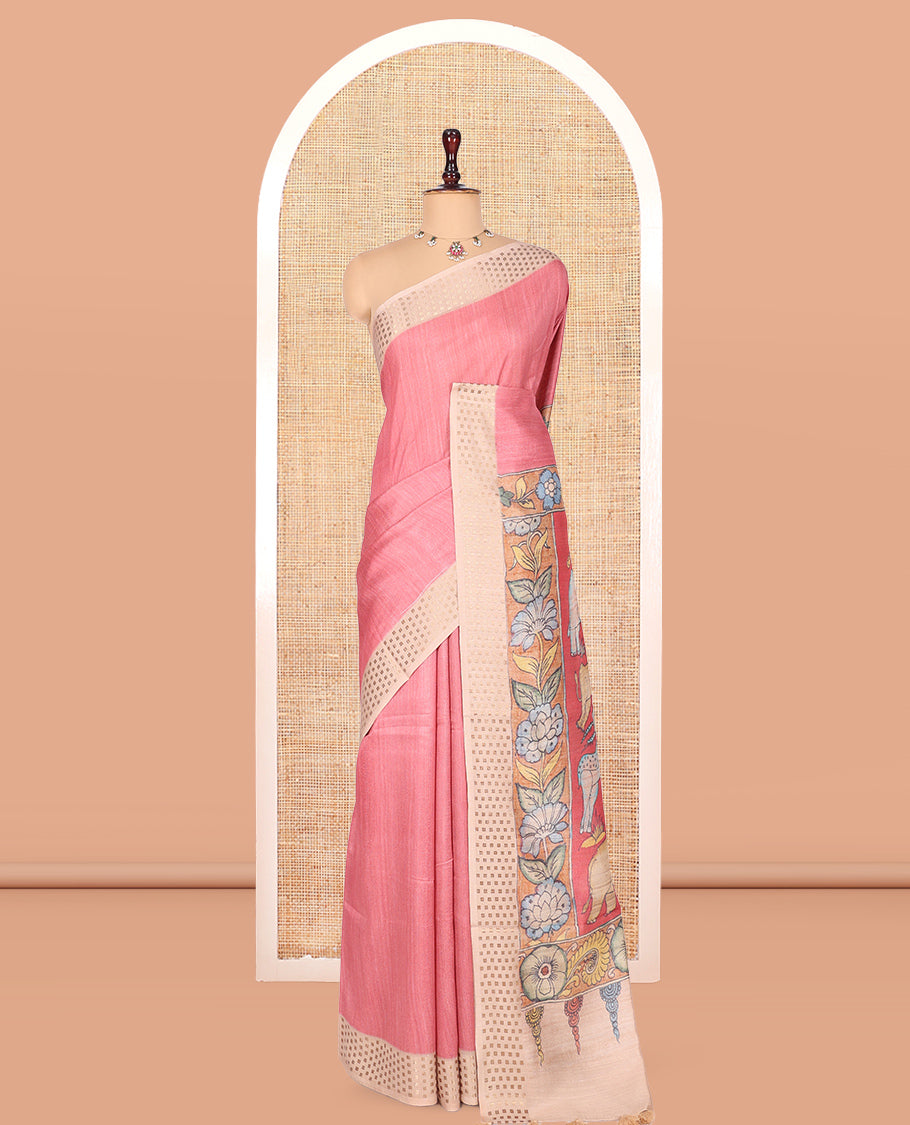 Pink Plain Fancy Tussar Silk Saree, Contrast Triangle Motif Border, Pallu of Kalamkari Animal Motifs, and Contrast Kalamkari Printed Blouse
