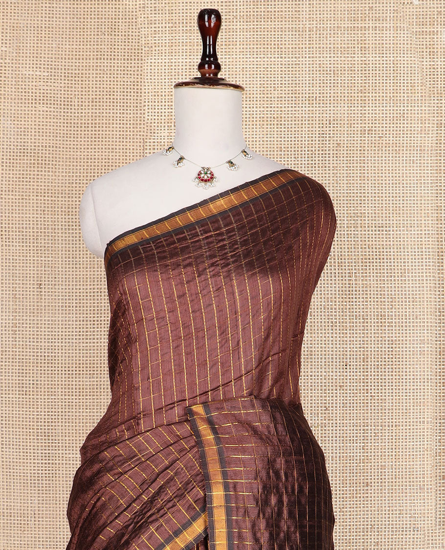 Bear Brown checked tussar silk saree, zari border and contrast striped pallu