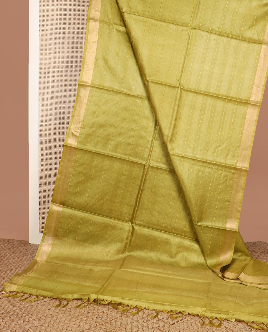 Green horizontal striped tussar silk saree, zari border and horizontal striped pallu
