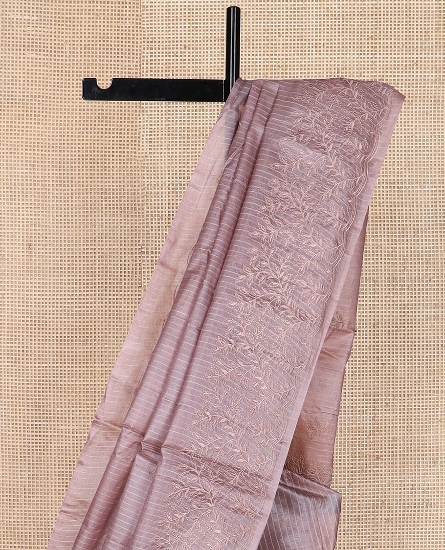 Borderless Onion pink striped, and floral embroidered tussar saree with a floral vine thread embroidered border