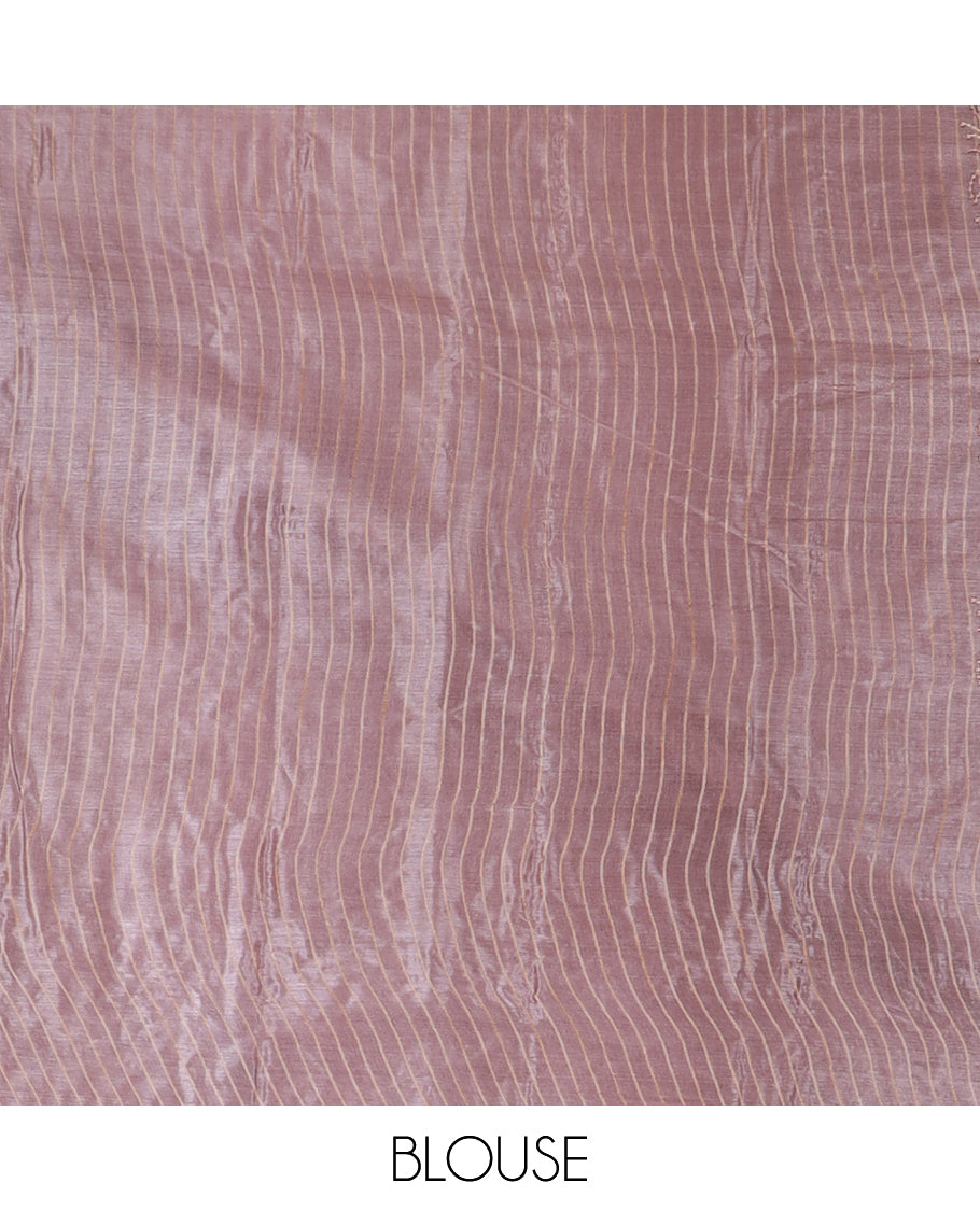 Borderless Onion pink striped, and floral embroidered tussar saree with a floral vine thread embroidered border