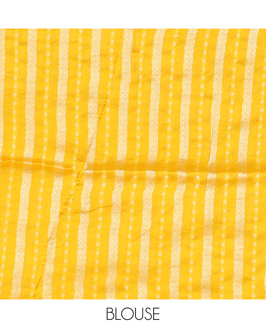 Yellow Matka silk saree features rudraksham motifs, scallop floral motifs and bird embossed thread embroidery border