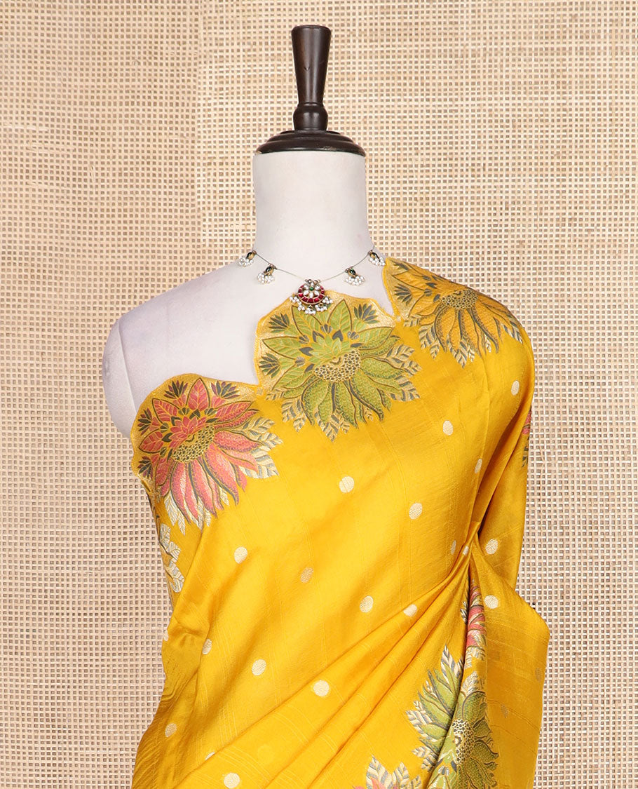 Yellow Matka silk saree features rudraksham motifs, scallop floral motifs and bird embossed thread embroidery border