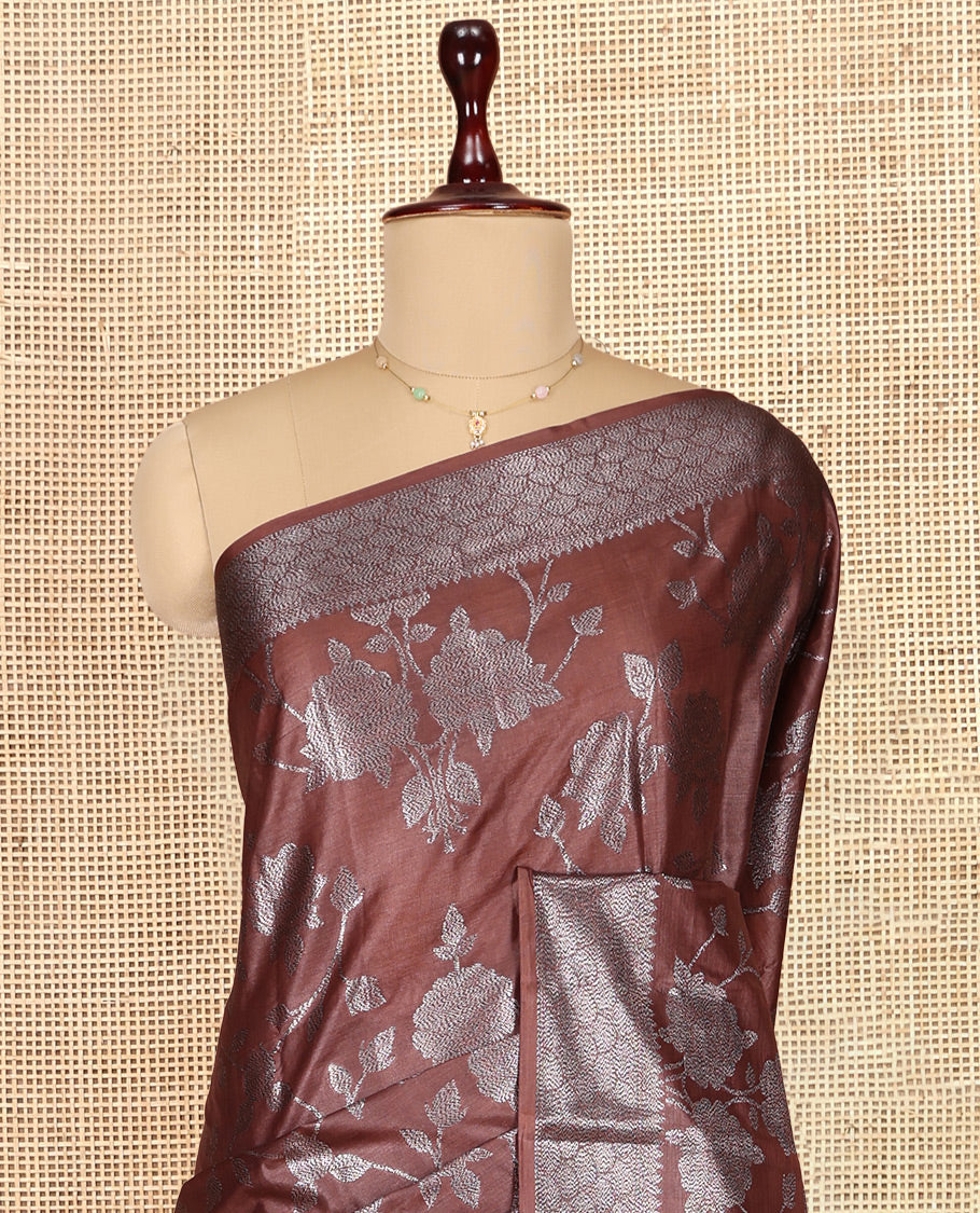 Brown Tusser Silk Saree Features Floral Vine Design, a Zari Border, Grand Pallu, and a Matching Blouse