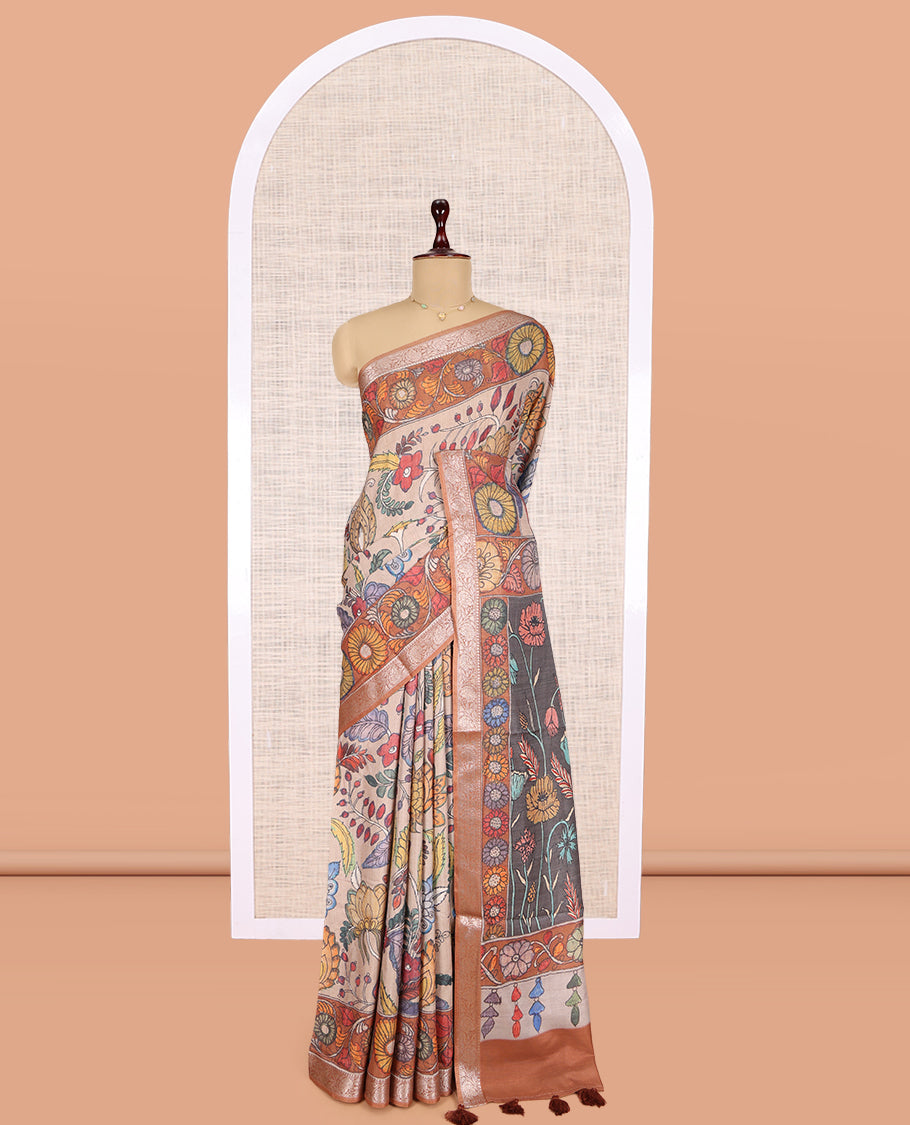 Pale Brown Kalamkari Printed Fancy Tussar Saree