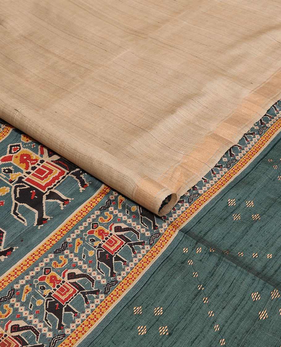 Sandal plain design tussar saree, zari border & contrast pallu of patola-style elephant motifs print