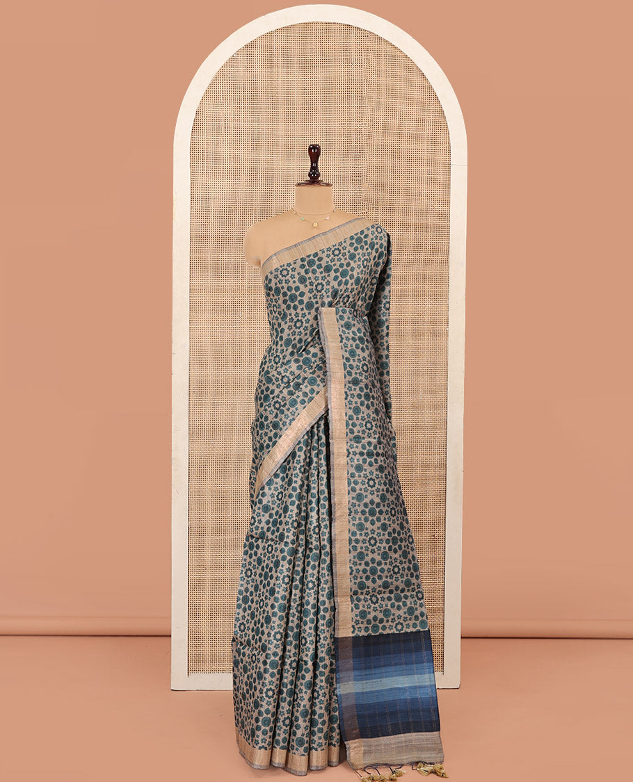 Blue Tussar Silk Saree, Adorned with Floral-Geometric Motifs Printed All Over Its Body, Featuring a Self-Border, Ombre-Style Blue-Shaded Pallu, and Paired with a Contrast Blouse