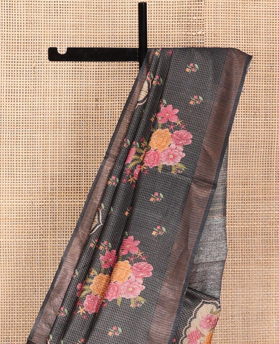 Black Tussar Silk Saree, Colorfully Printed with Floral Motifs, and Sparsely Woven Checks On Its Body, a Subtle Border, Striped Pallu, and Paired with Matching Blouse