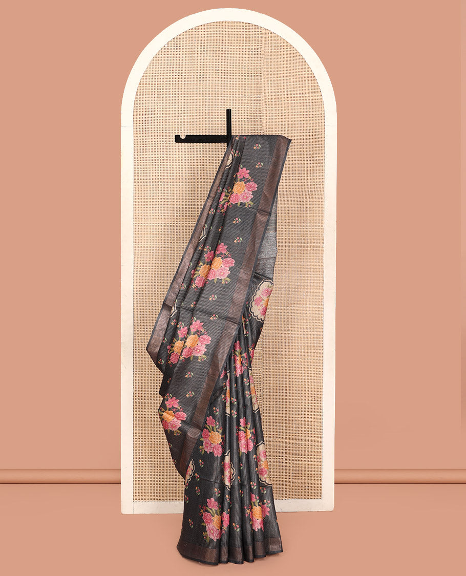 Black Tussar Silk Saree, Colorfully Printed with Floral Motifs, and Sparsely Woven Checks On Its Body, a Subtle Border, Striped Pallu, and Paired with Matching Blouse