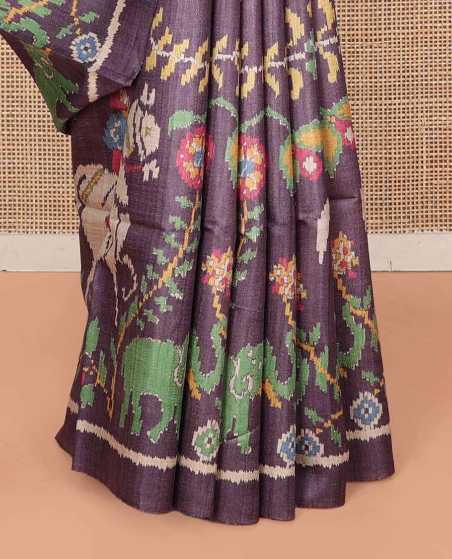 Grey Tussar Silk Saree, Impeccably Styled with Ikat-Style Flora, Fauna, and Human Figurines, a Subtle Self-Border, Self-Printed Pallu, and a Matching Blouse
