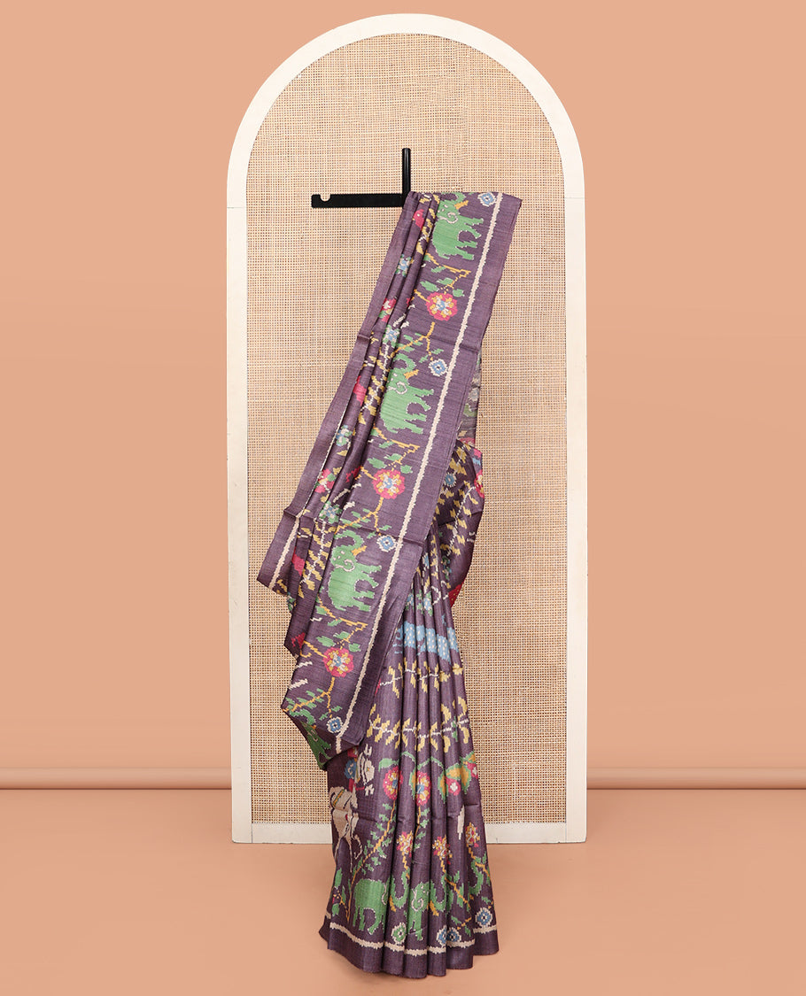 Grey Tussar Silk Saree, Impeccably Styled with Ikat-Style Flora, Fauna, and Human Figurines, a Subtle Self-Border, Self-Printed Pallu, and a Matching Blouse