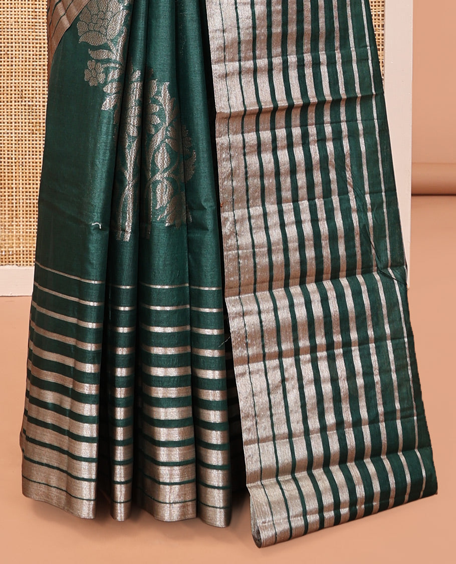 Borderless Green Tussar Silk Saree, Impeccably Styled with Zari Stripes and Floral Buttas, Striped Pallu, and a Matching Blouse