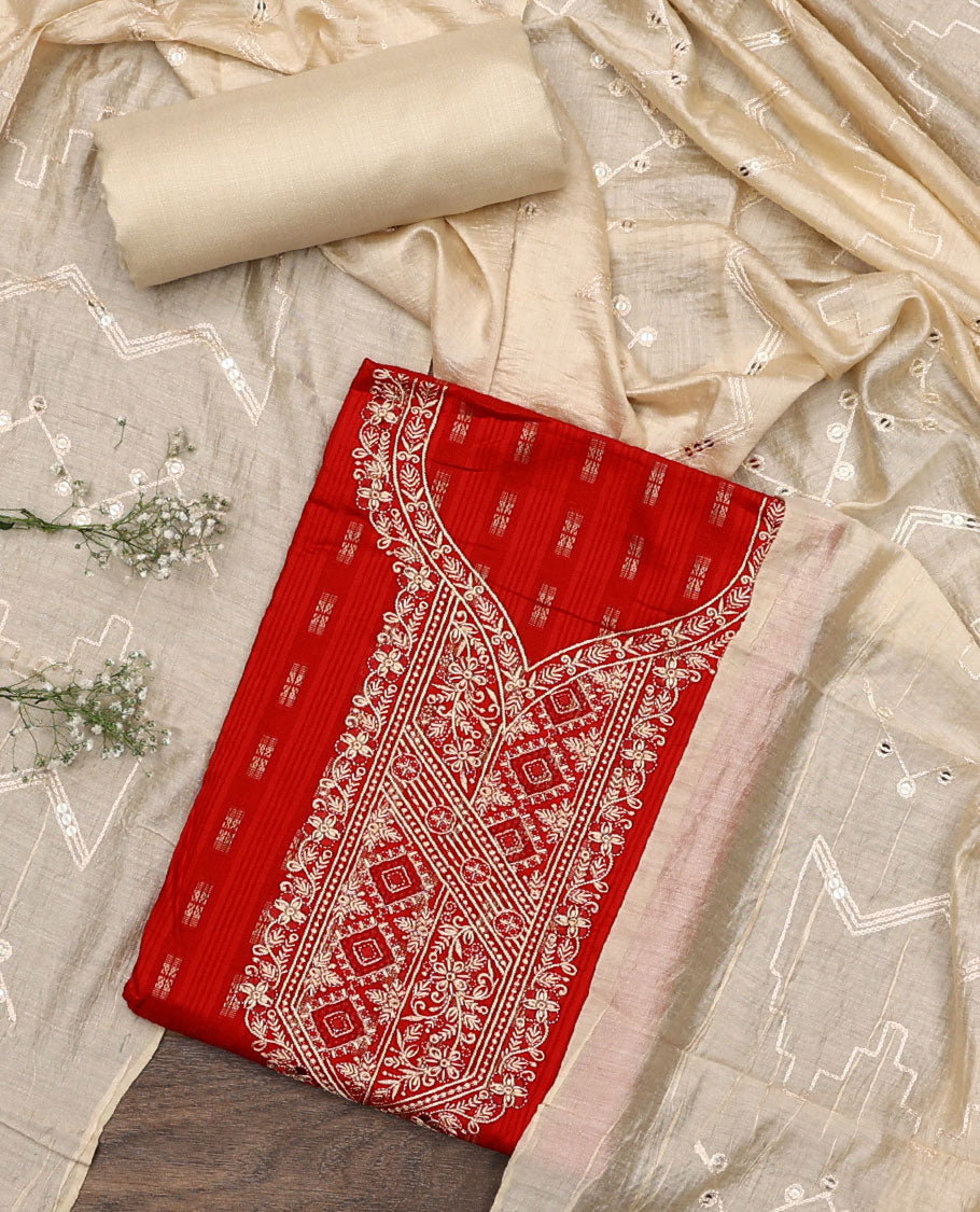 Red material chudidar set, buttas with neck embroidered top, contrast plain bottom, and thread and sequins embroidered dupatta