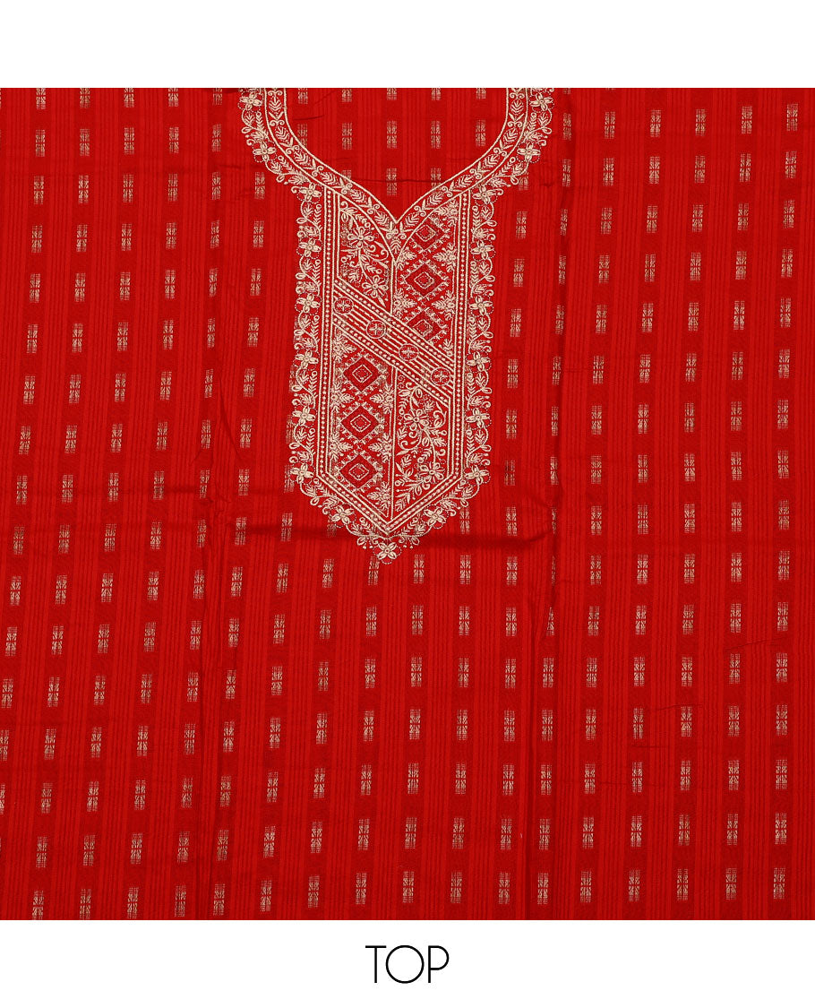 Red material chudidar set, buttas with neck embroidered top, contrast plain bottom, and thread and sequins embroidered dupatta