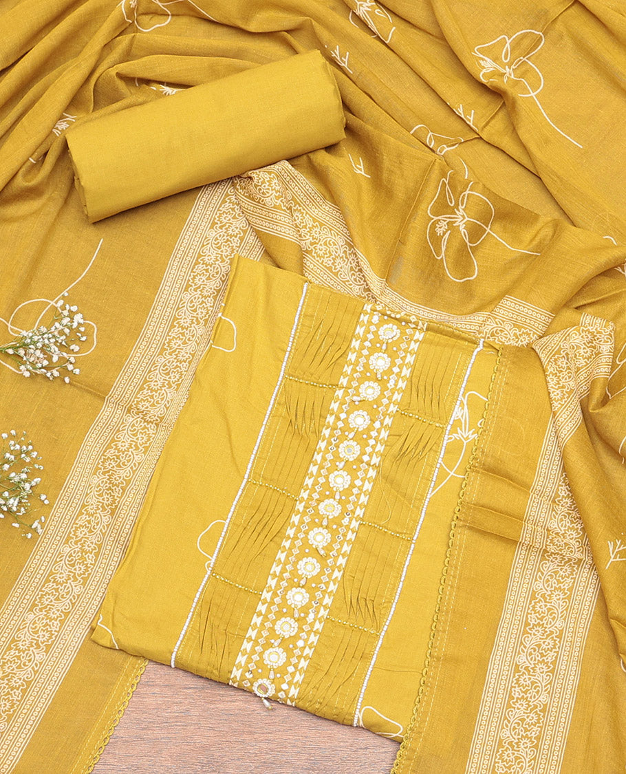 Yellow Cotton Material Churidar Set, Prettified with Floral Print and Embroidery Top, Floral Bottom, and a Printed Dupatta