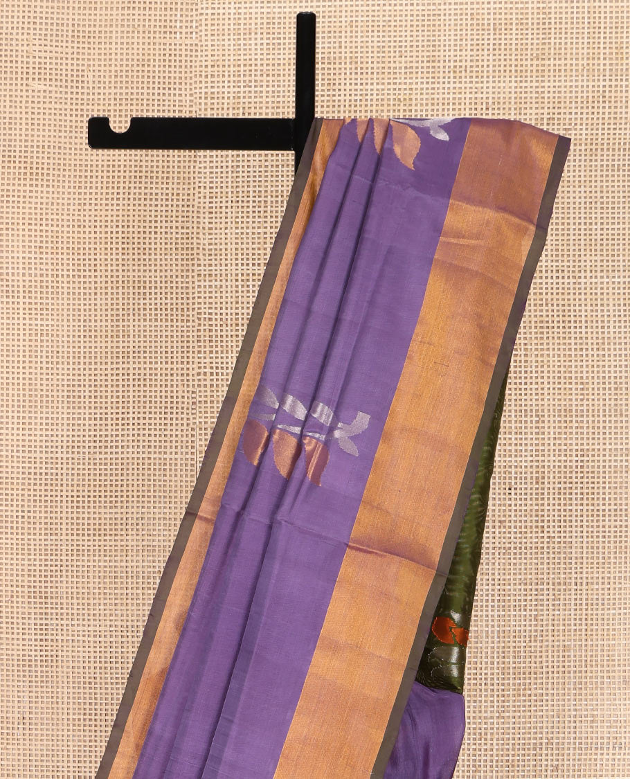 Purple Uppada Silk Saree, Richly Detailed with Floral Meena Buttas All Over Its Body, Subtle Bavanji Border, Complemented by Contrast Pallu of Floral Meena Buttas, and Paired with a Contrast Blouse
