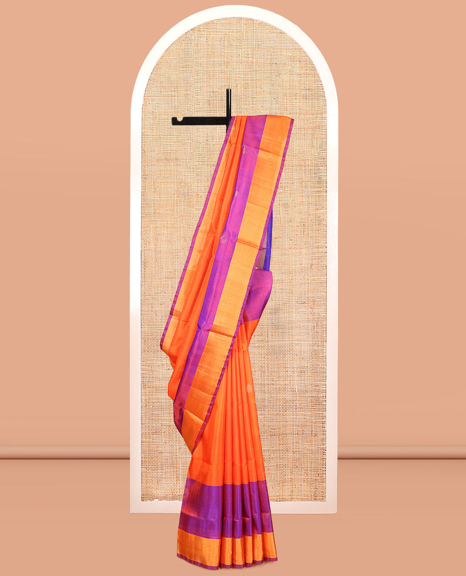 Orange Uppada Silk Saree, Accentuated with Polka Dot Buttas, Complemented by Contrast Bavanji Border, Pallu of Polka Dot Buttas and a Contrast Blouse