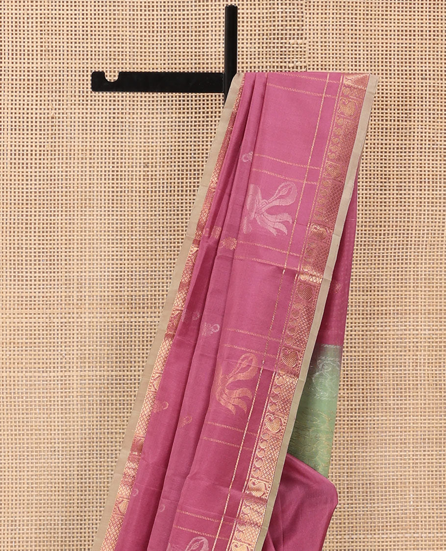 Onion Pink Uppada Silk Saree Elevated with Floral Buttas, Captivating Contrast Border of Traditional Zari Motifs and Peacock Motifs, Pallu Depicting Floral Jaal Design, and Paired with a Contrast Zari-Bordered Blouse