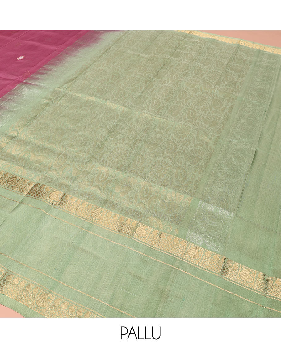 Onion Pink Uppada Silk Saree Elevated with Floral Buttas, Captivating Contrast Border of Traditional Zari Motifs and Peacock Motifs, Pallu Depicting Floral Jaal Design, and Paired with a Contrast Zari-Bordered Blouse