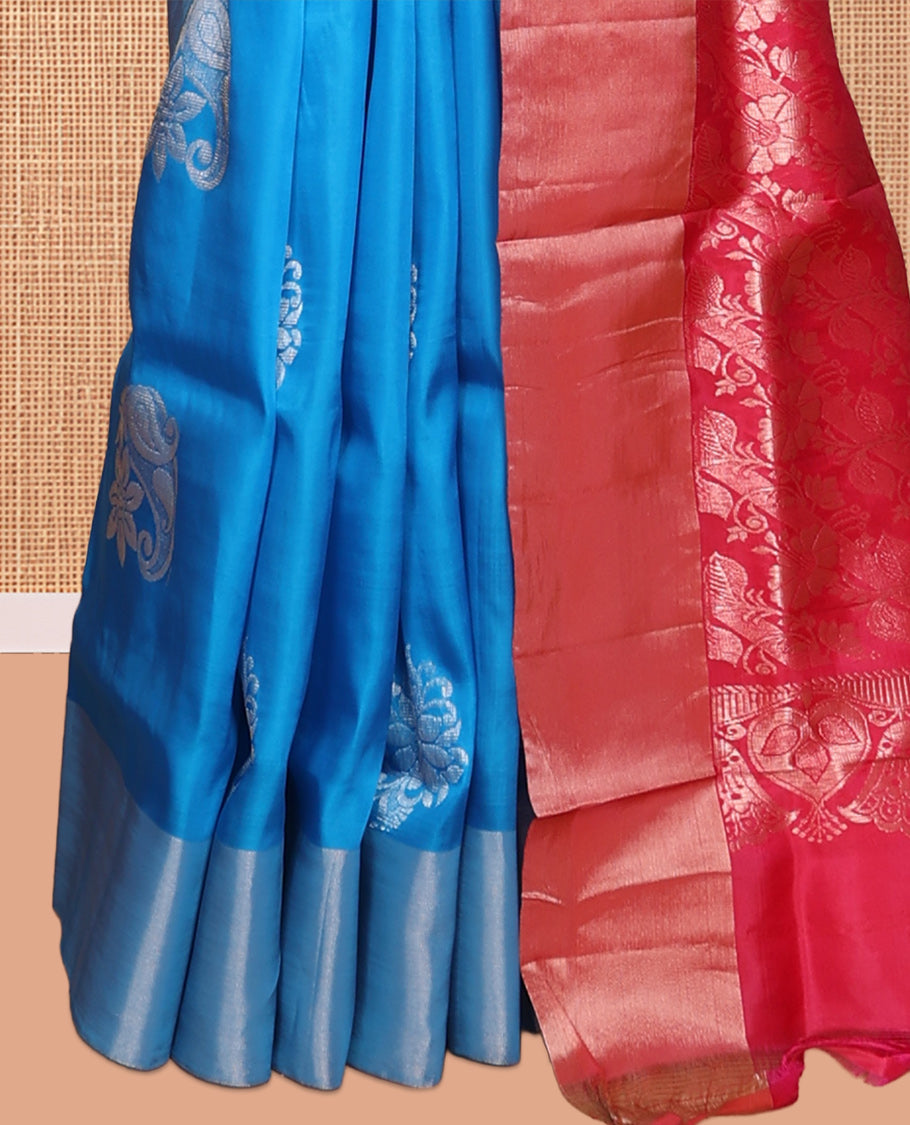 Blue Semi Uppada Saree, Adorned with Zari Buttas, a Bavanji Border, Contrast Floral Pallu, and a Contrast Blouse
