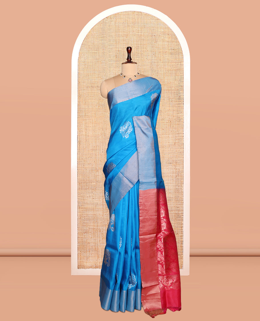Blue Semi Uppada Saree, Adorned with Zari Buttas, a Bavanji Border, Contrast Floral Pallu, and a Contrast Blouse