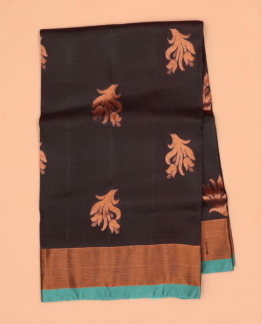 Brown floral motifs semi-uppada saree with contrast zari border & zari jaal design pallu