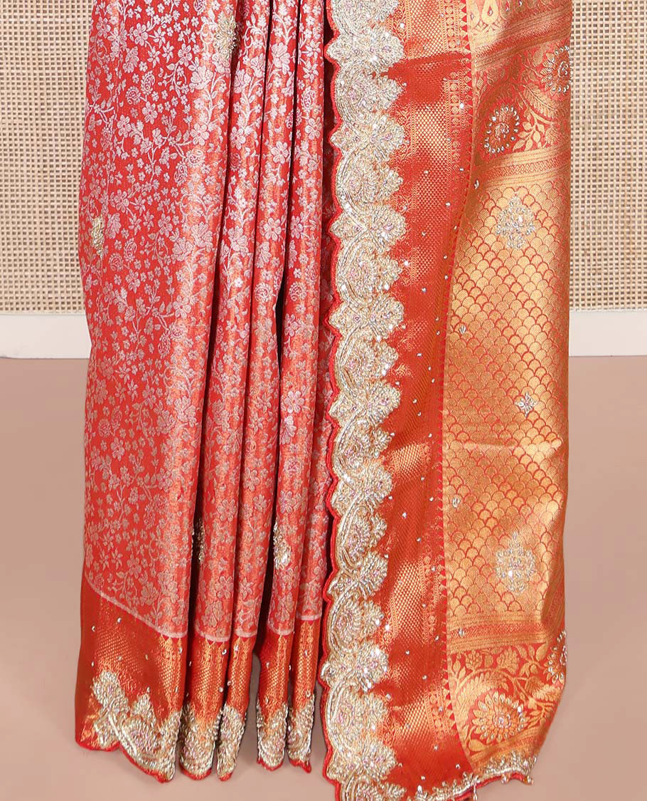 Red Vastrakala Silk Saree, Enthralled with Floral Jacquard and Patch Stone Work, Highlighted by Traditional Zari and Lace Embroidered Scallop Border, Grand Scallop Design Stone Work Pallu, and Paired with Heavy Embroidered Blouse