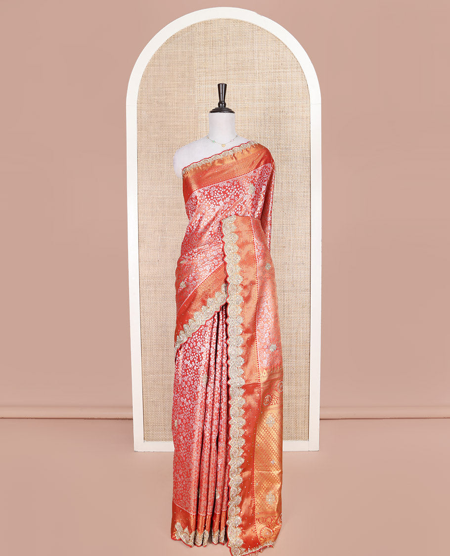 Red Vastrakala Silk Saree, Enthralled with Floral Jacquard and Patch Stone Work, Highlighted by Traditional Zari and Lace Embroidered Scallop Border, Grand Scallop Design Stone Work Pallu, and Paired with Heavy Embroidered Blouse