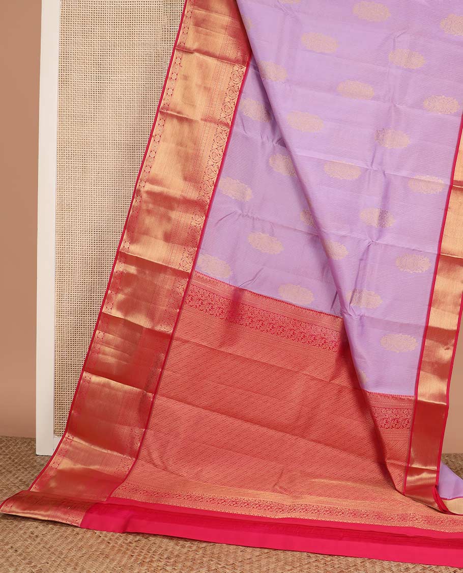 Lavender zari buttas Vasundhara silk mix saree, contrast border of arumbu manga, banaras, cross kamalam, and mayil kann designs, and zari design pallu