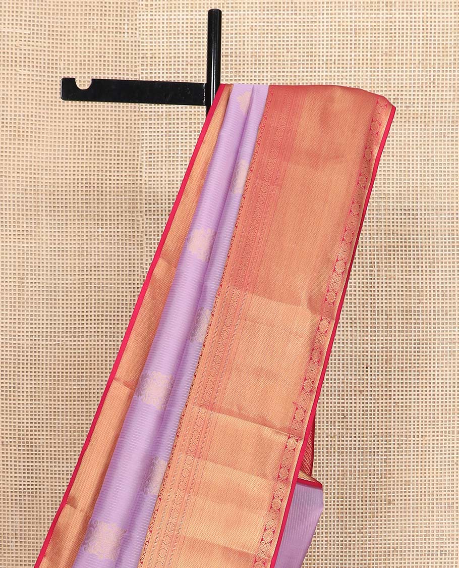 Lavender zari buttas Vasundhara silk mix saree, contrast border of arumbu manga, banaras, cross kamalam, and mayil kann designs, and zari design pallu
