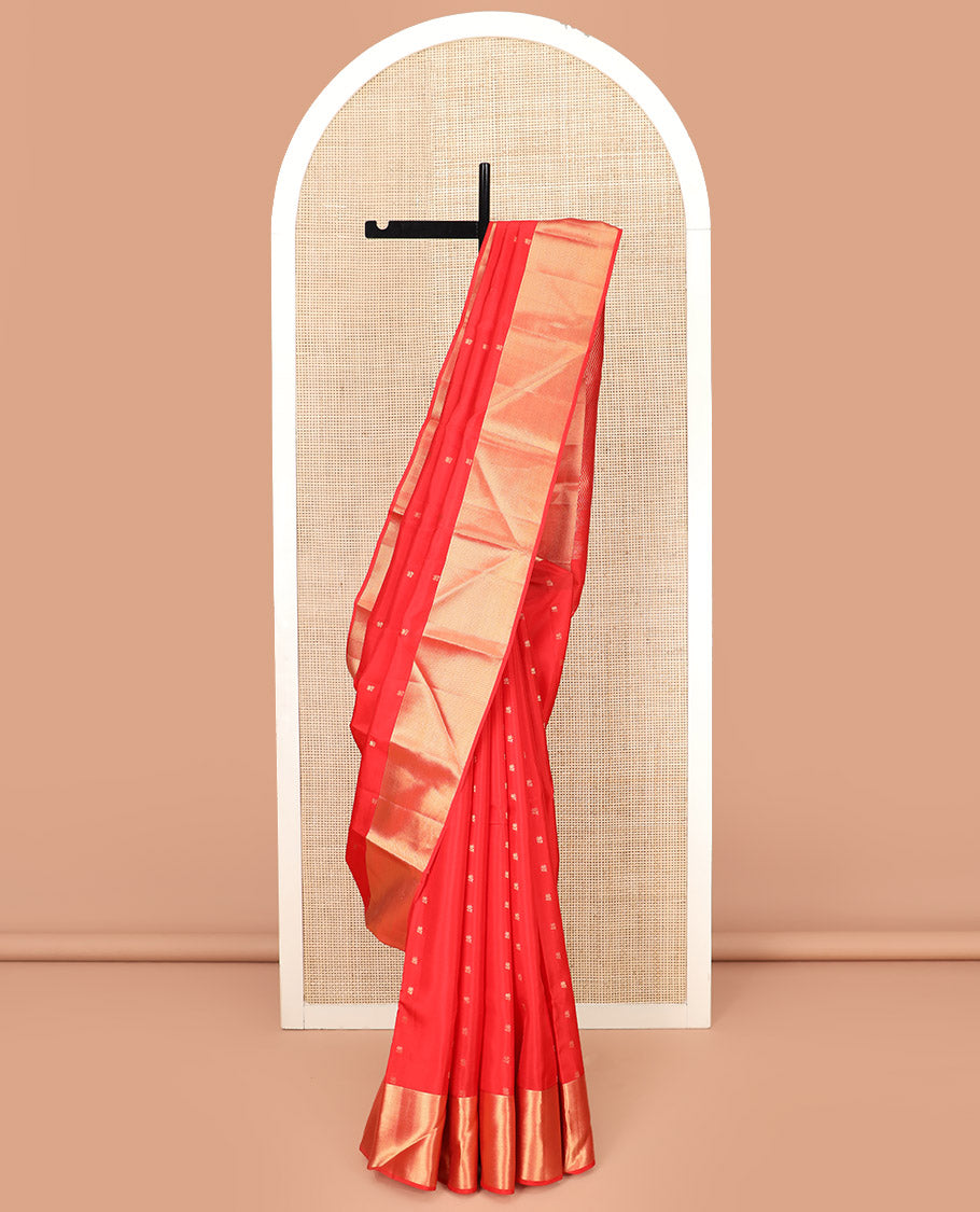 Red Vasundhara Lite Silk Mix Saree, Artfully Detailed with Floral Zari Buttas All Over Its Body, Highlighted by Thick Zari Border, Grandly Woven Pallu of Vanki Designs, and Paired with a Matching Blouse